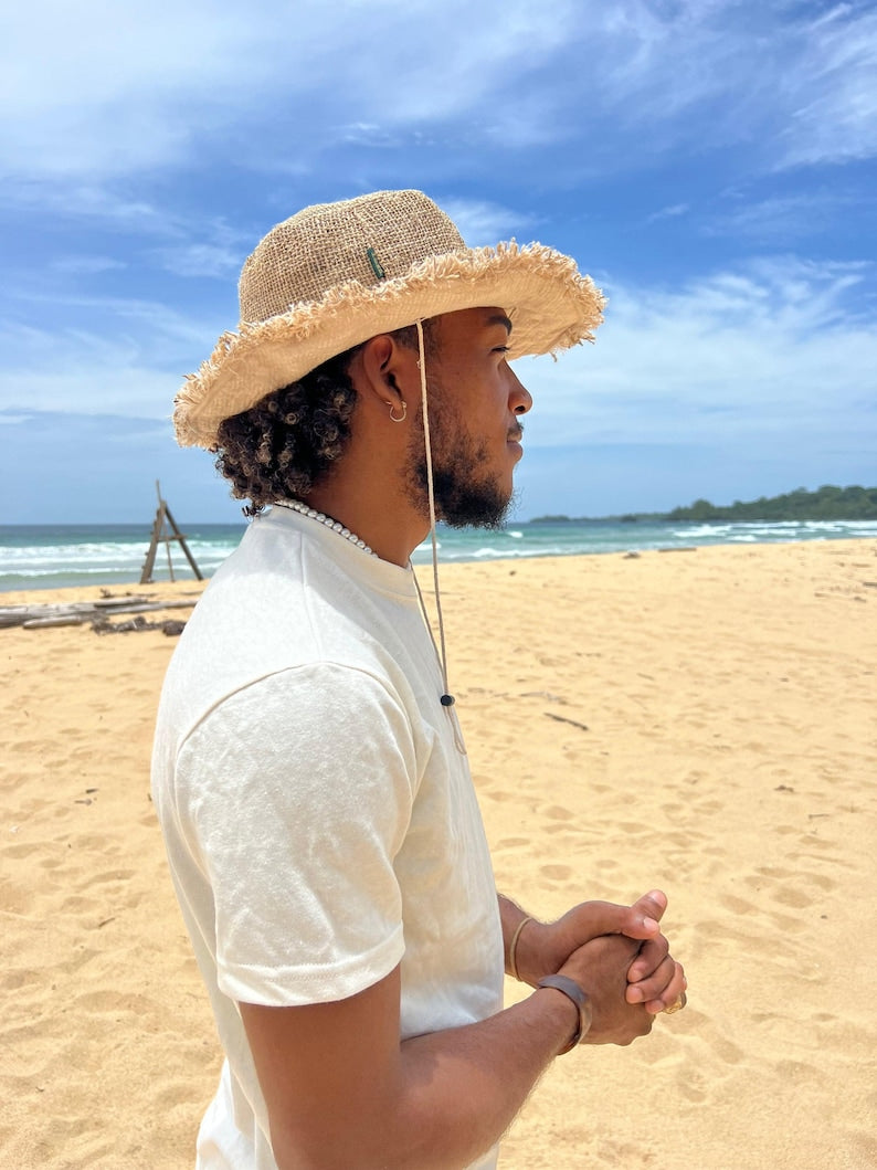 Hemp Safari Hat with String Adjustable Chin Strap • Unisex Eco-Friendly Sun Hat for Men & Women • Handmade Travel Hat • Festival Adventure