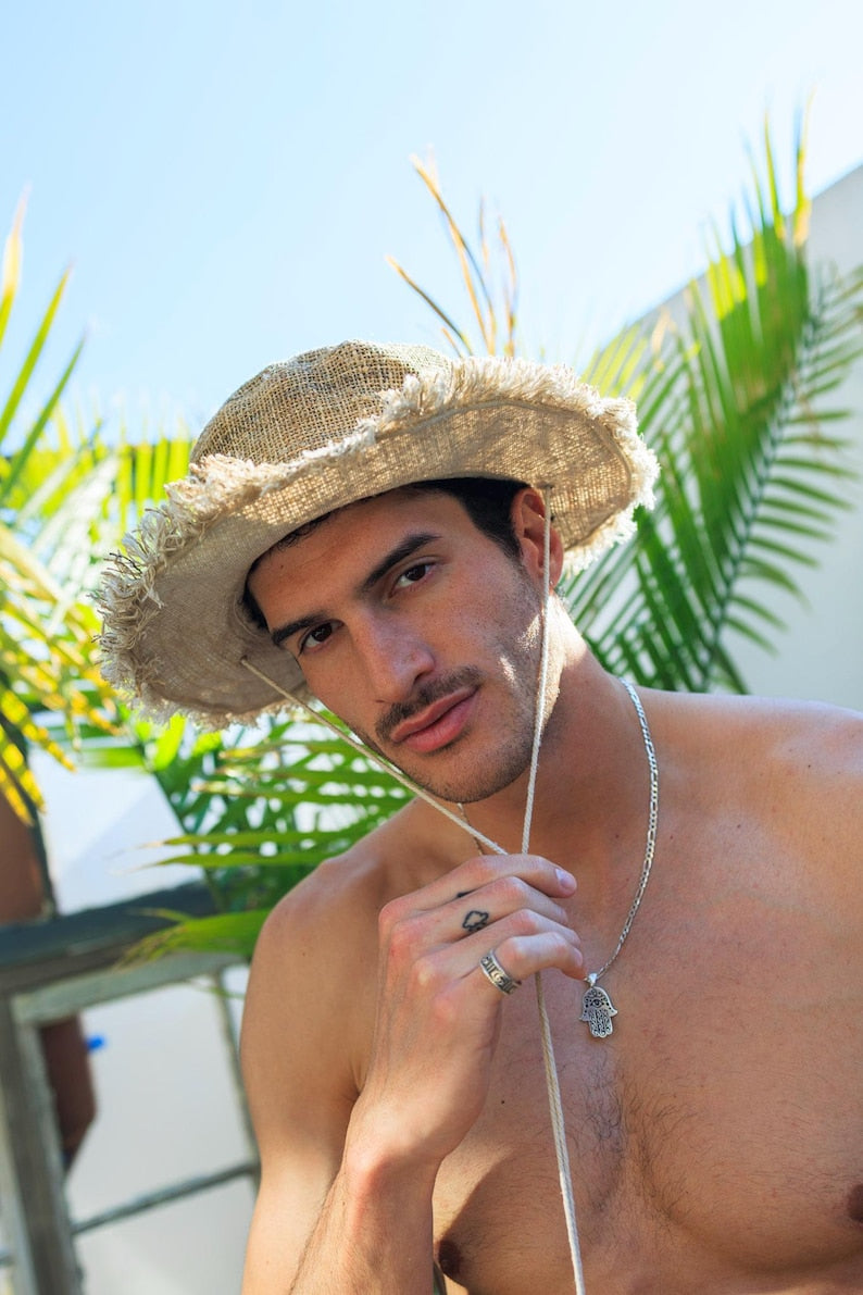 Hemp Safari Hat with String Adjustable Chin Strap • Unisex Eco-Friendly Sun Hat for Men & Women • Handmade Travel Hat • Festival Adventure