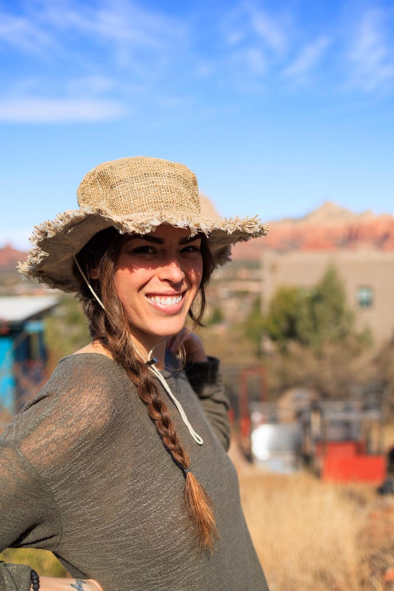 Hemp Safari Hat with Adjustable String Chin Strap • Eco-Friendly Sun Hat for Women• Handmade Festival Packable Travel • Gardening Sailing