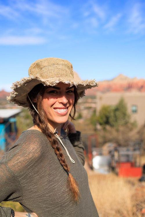 Hemp Safari Hat with Adjustable String Chin Strap • Eco-Friendly Sun Hat for Women• Handmade Festival Packable Travel • Gardening Sailing