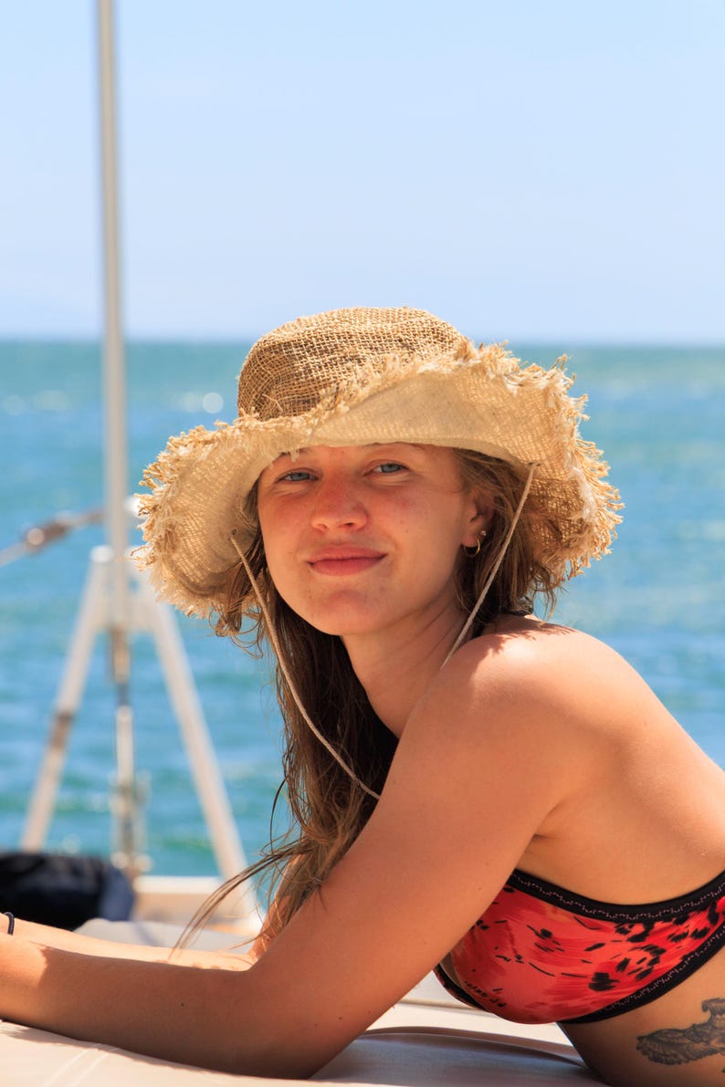 Hemp Safari Hat with Adjustable String Chin Strap • Eco-Friendly Sun Hat for Women• Handmade Festival Packable Travel • Gardening Sailing