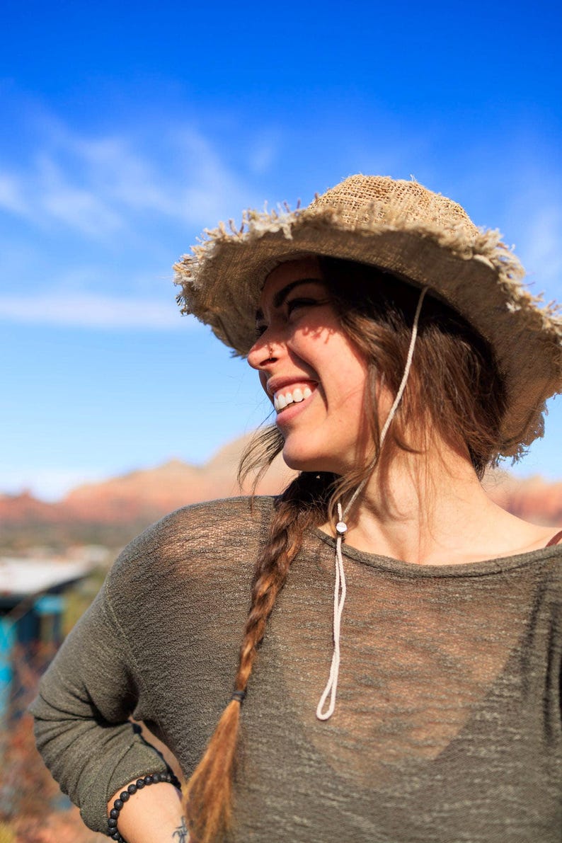 Hemp Safari Hat with Adjustable String Chin Strap • Eco-Friendly Sun Hat for Women• Handmade Festival Packable Travel • Gardening Sailing