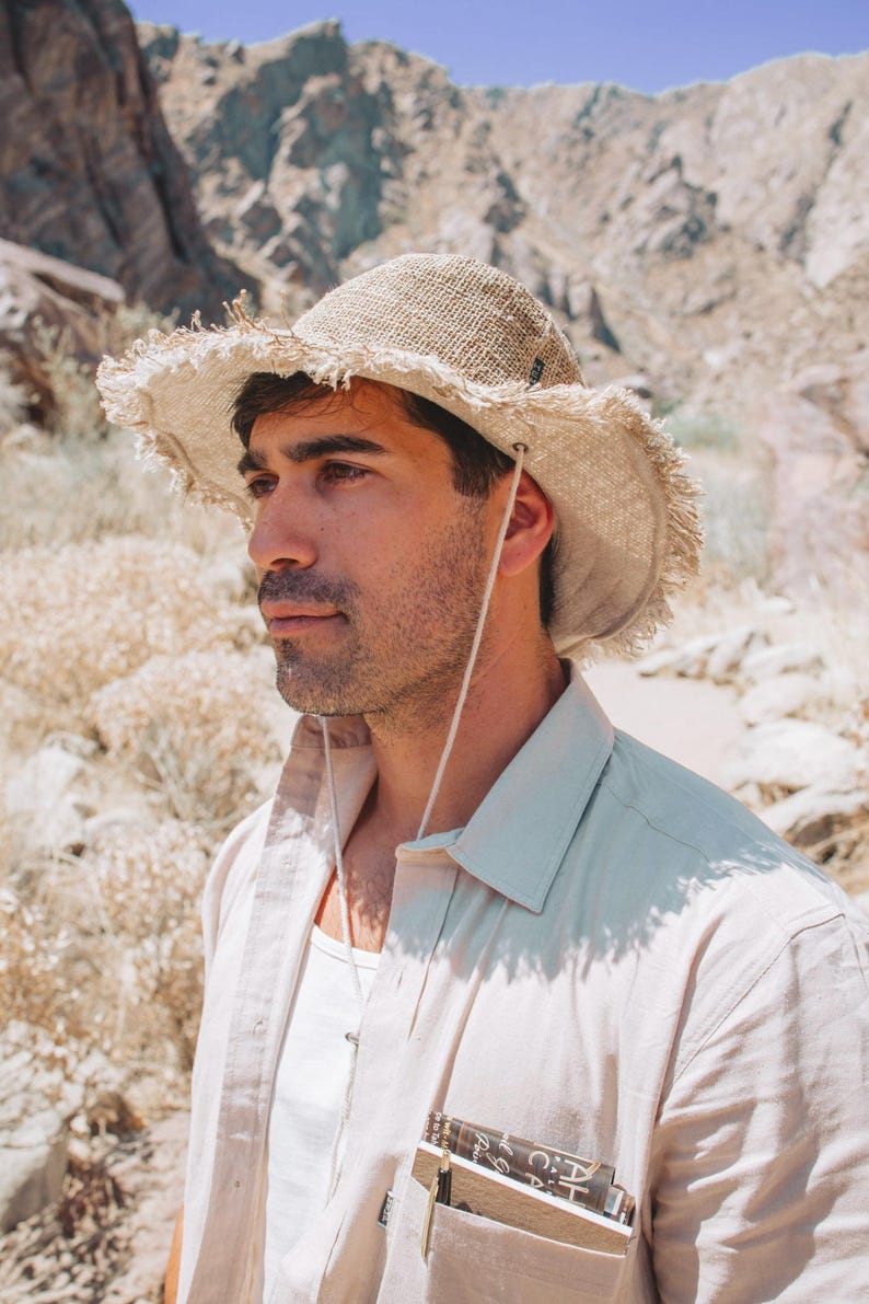 Hemp Safari Hat with String Adjustable Chin Strap • Unisex Eco-Friendly Sun Hat for Men & Women • Handmade Travel Hat • Festival Adventure